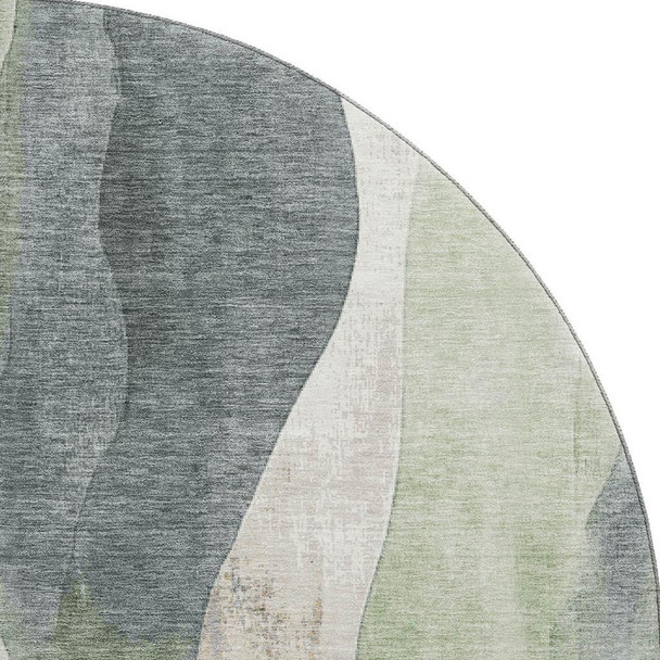 8' Fern Green Beige And Gray Abstract Washable Round Rug With UV Protection
