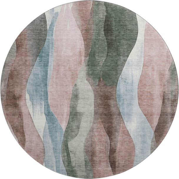 8' Salmon Blue And Mauve Abstract Washable Round Rug With UV Protection