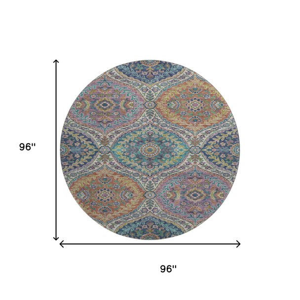 8' Blue Copper And Fern Green Floral Washable Round Rug With UV Protection