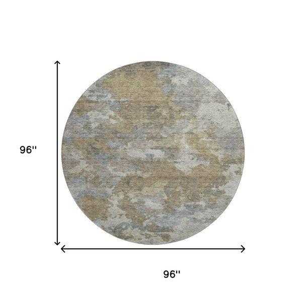 8' Gold And Gray Abstract Washable Round Rug With UV Protection