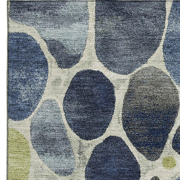 5' X 8' Denim Blue Lime Green And Ivory Geometric Washable Area Rug With UV Protection