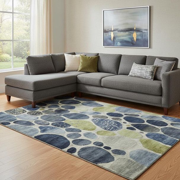 8' X 10' Denim Blue Lime Green And Ivory Geometric Washable Area Rug With UV Protection
