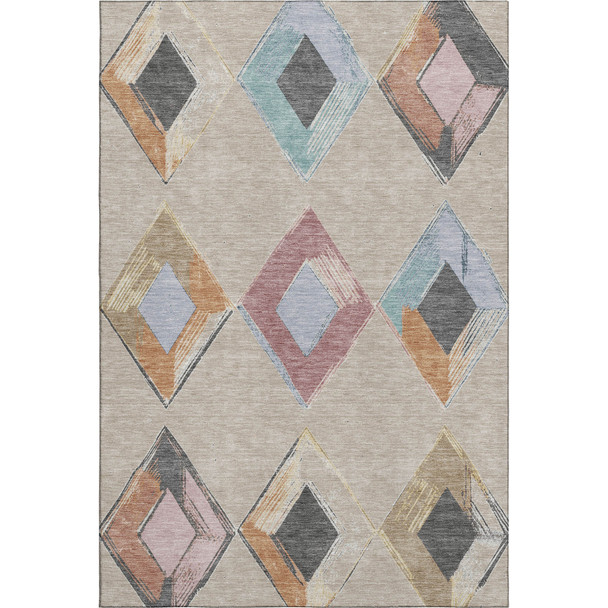 5' X 8' Beige Blue And Copper Geometric Washable Area Rug With UV Protection