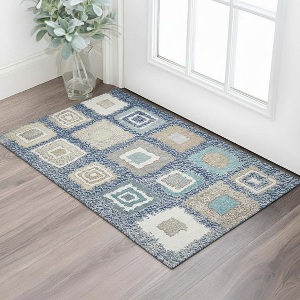 3' X 5' Navy Blue Ivory And Beige Geometric Washable Area Rug With UV Protection
