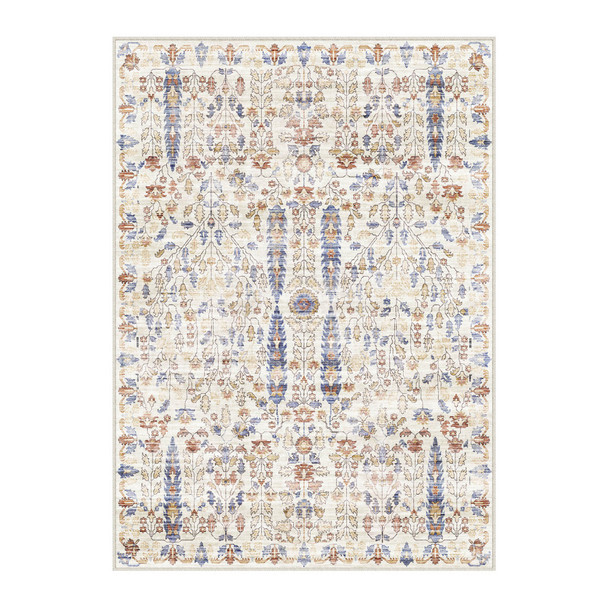 8' X 10' Brown Blue And Beige Floral Medallion Washable Area Rug