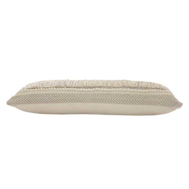 14" X 36" Ivory And Gray Lumbar Striped Cotton Throw Pillow Cover with Fringe And Texture