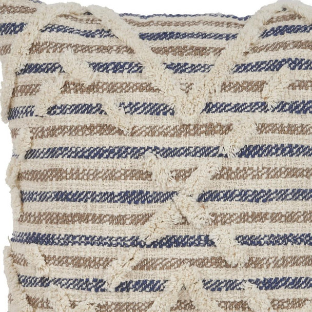18" Blue And Tan Beach Diamond Cotton Throw Pillow Cover with Tufts