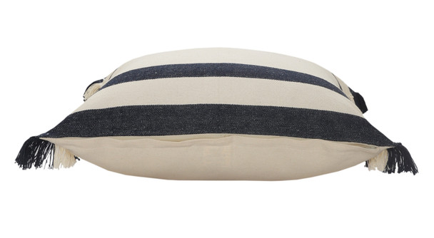 20" Blue And White Striped Cotton Throw Pillow Cover with Fringe