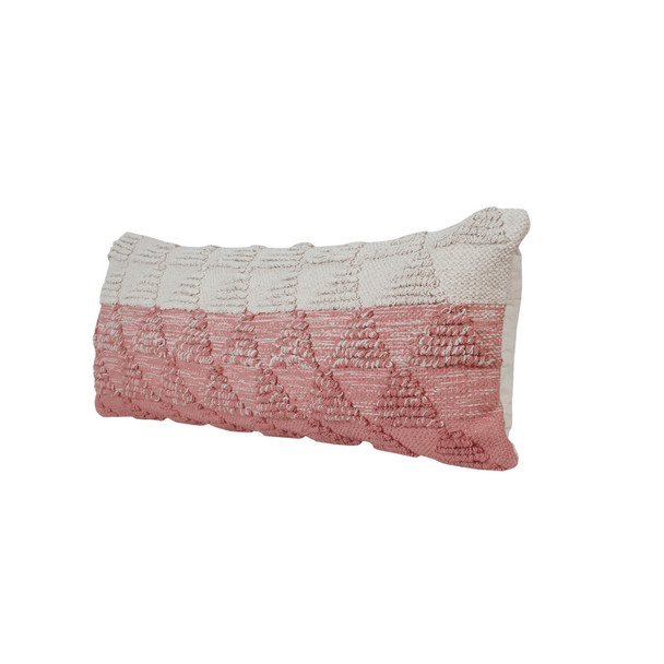 14" X 36" Pink And White Lumbar Geometric Cotton Throw Pillow Cover with Texture