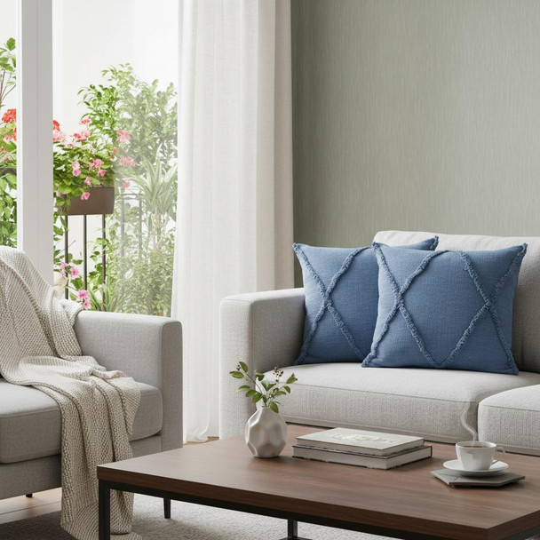 Set of Two 18" Denim Blue Diamond Cotton Throw Pillow Covers
