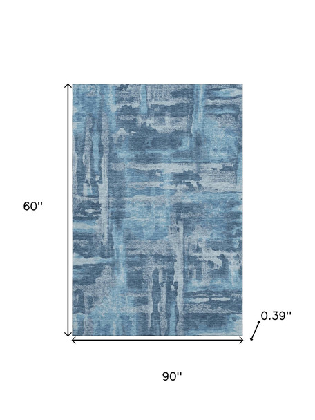 5' X 8' Denim Blue And Sky Blue Abstract Washable Area Rug With UV Protection