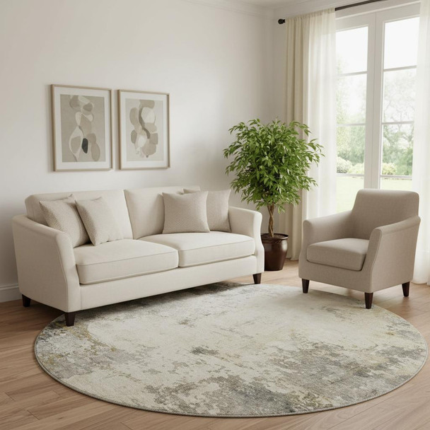 8' Pewter And Ivory Abstract Washable Round Rug With UV Protection