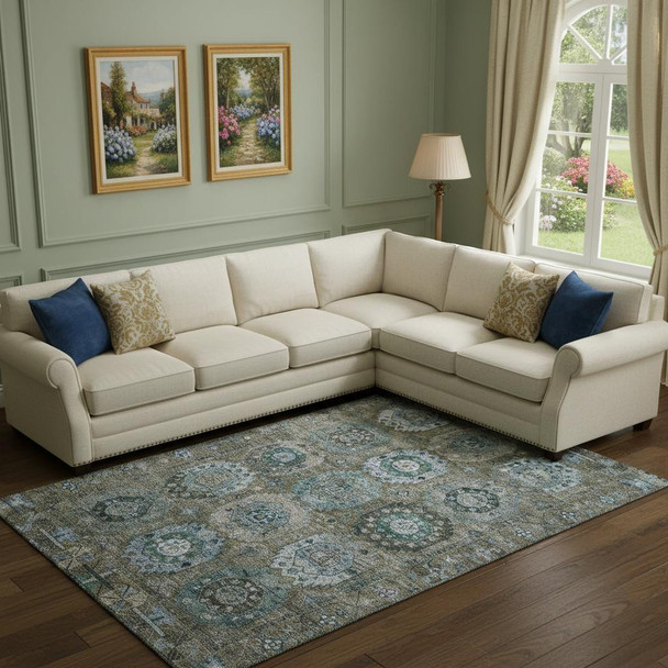 9' X 12' Brown And Blue Medallion Washable Area Rug With UV Protection
