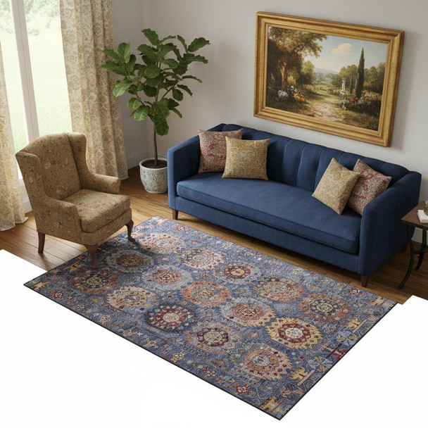 5' X 8' Denim Blue And Merlot Medallion Washable Area Rug With UV Protection