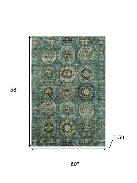 3' X 5' Teal And Brown Medallion Washable Area Rug With UV Protection