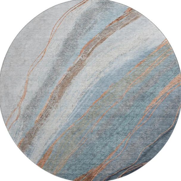 8' Blue And Copper Abstract Washable Round Rug With UV Protection
