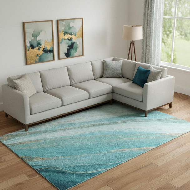 10' X 14' Turquoise And Teal Abstract Washable Area Rug With UV Protection