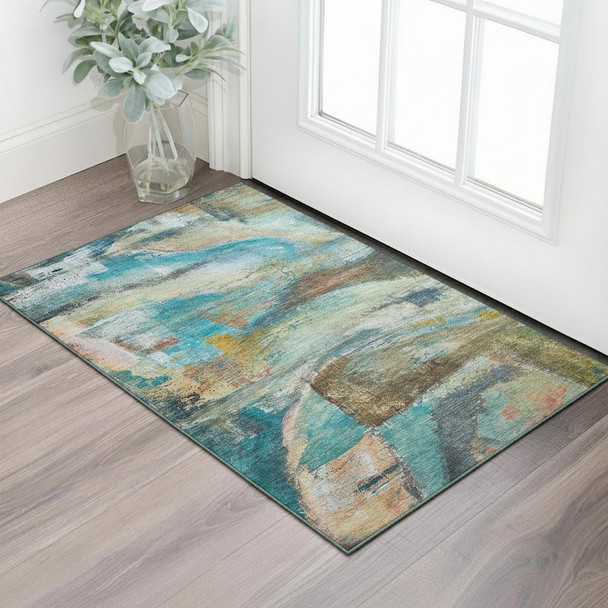 3' X 5' Teal And Beige Abstract Washable Area Rug With UV Protection