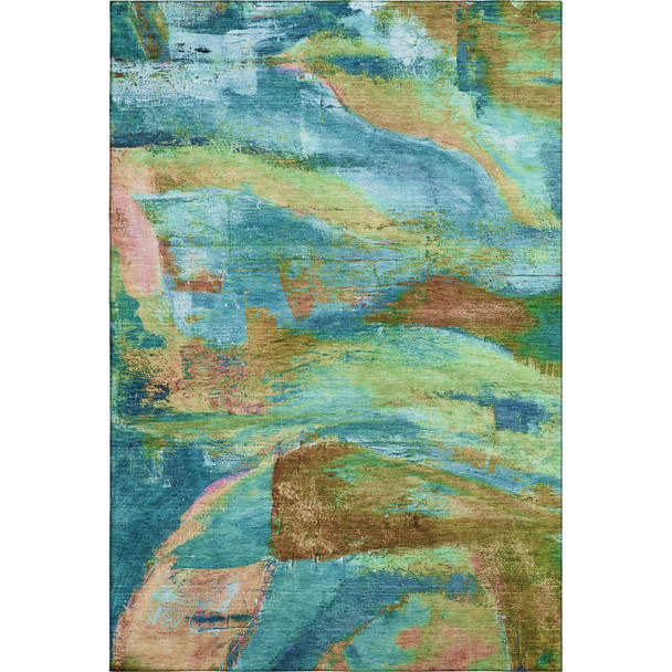 5' X 8' Teal And Blush Abstract Washable Area Rug With UV Protection
