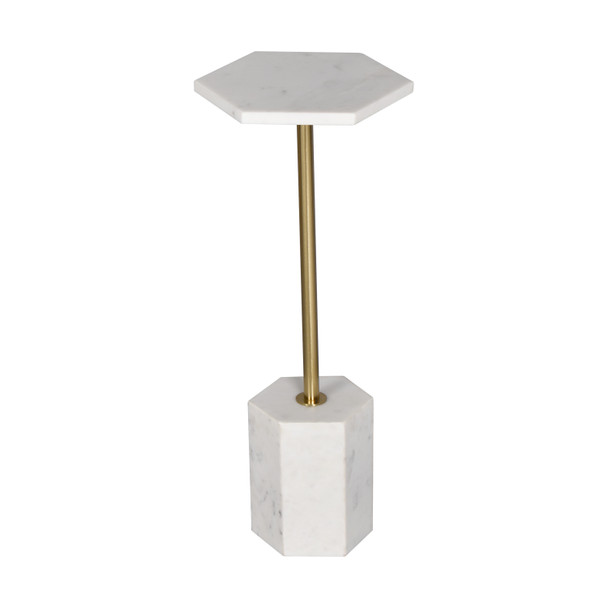 23" White and Gold Marble and Iron Hexagonal Pedestal End Table