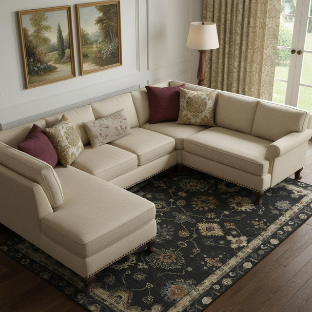 8' X 10' Black And Gold Oriental Washable Area Rug With UV Protection