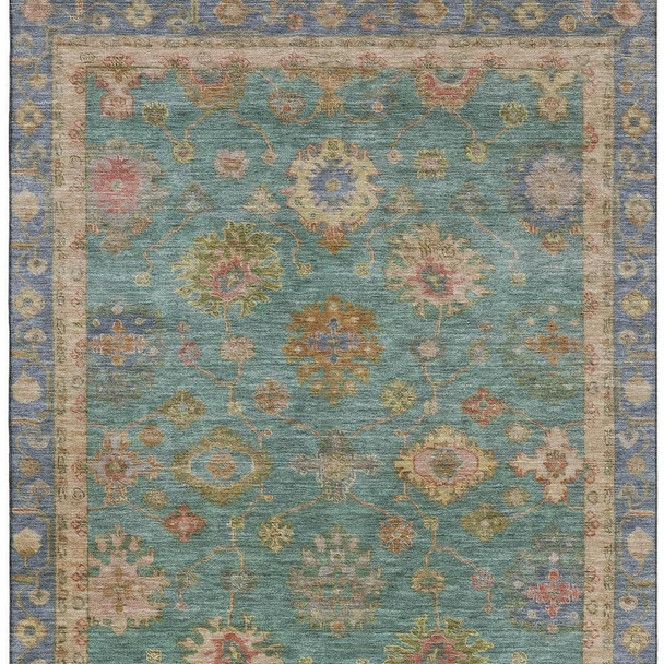 10' X 14' Teal And Blush Oriental Washable Area Rug With UV Protection