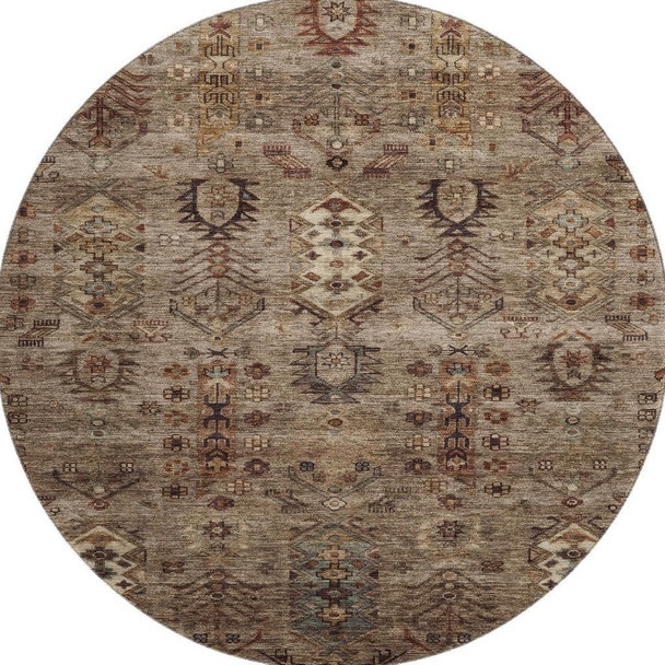 8' Brown And Gray Southwestern Washable Round Rug With UV Protection