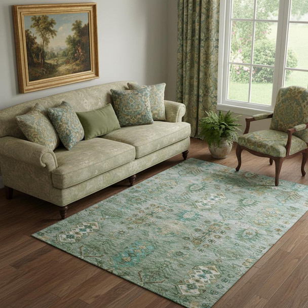 5' X 8' Sage And Copper Southwestern Washable Area Rug With UV Protection
