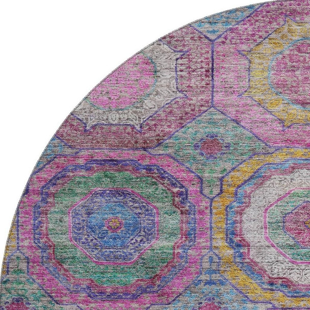 8' Pink And Blue Geometric Washable Round Rug With UV Protection