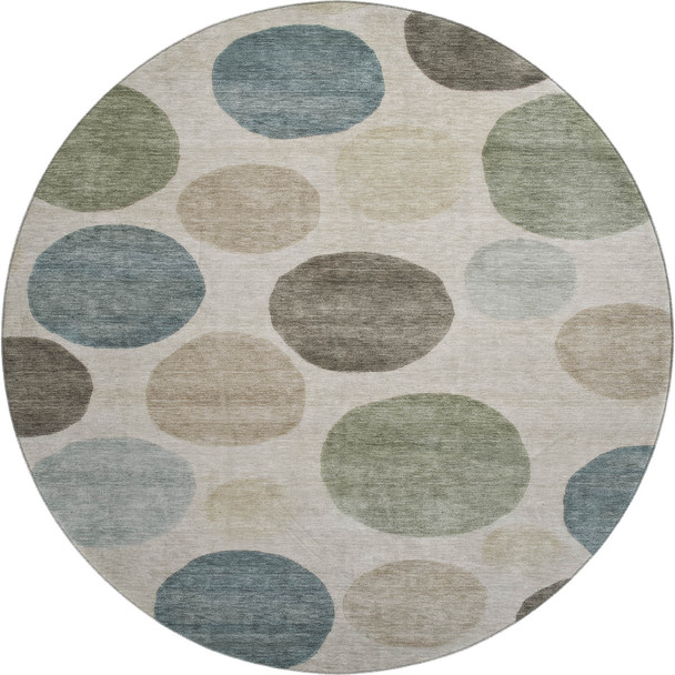 8' Khaki And Teal Geometric Washable Round Rug With UV Protection
