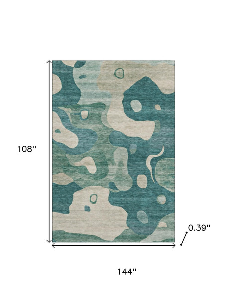9' X 12' Teal And Ivory Abstract Washable Area Rug With UV Protection