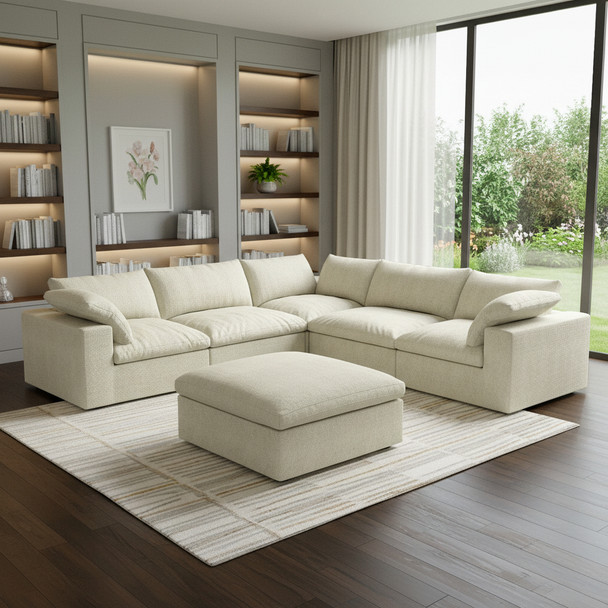 Khaki Linen Blend Modular L Shaped Six Piece Sofa and Chaise Sectional