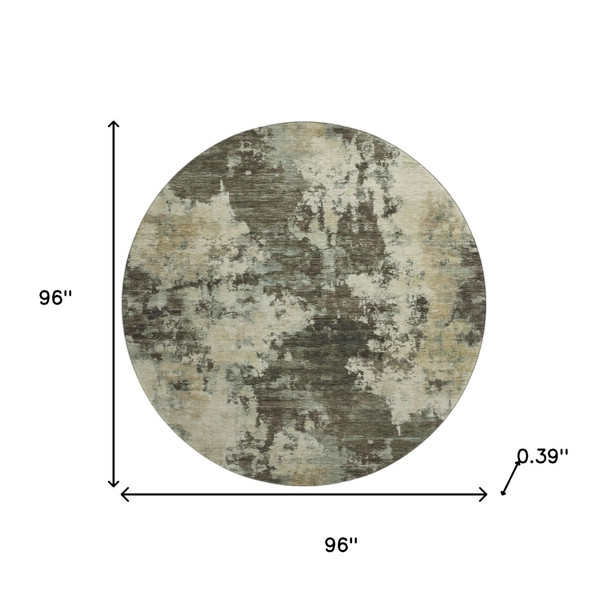 8' Brown And Beige Abstract Washable Round Rug With UV Protection