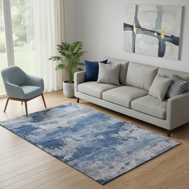 5' X 8' Navy Blue And Denim Blue Abstract Washable Area Rug With UV Protection