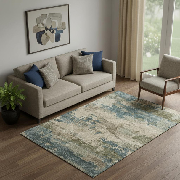 5' X 8' Teal And Beige Abstract Washable Area Rug With UV Protection