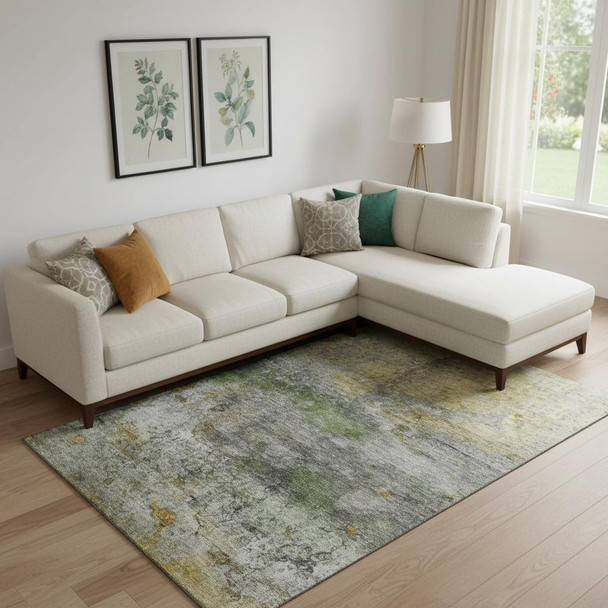 10' X 14' Olive Green And Gold Abstract Washable Area Rug With UV Protection