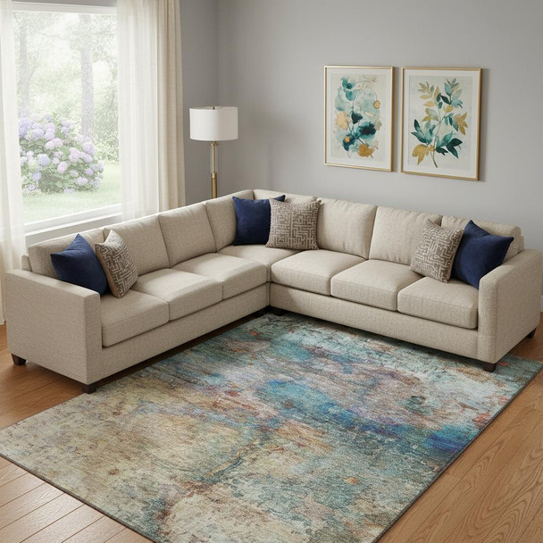 10' X 14' Teal And Beige Abstract Washable Area Rug With UV Protection