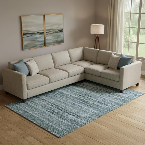 10' X 14' Sage And Blue Striped Washable Area Rug With UV Protection