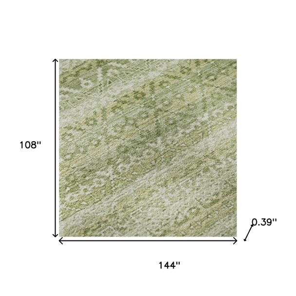9' X 12' Sage And Beige Striped Washable Area Rug With UV Protection