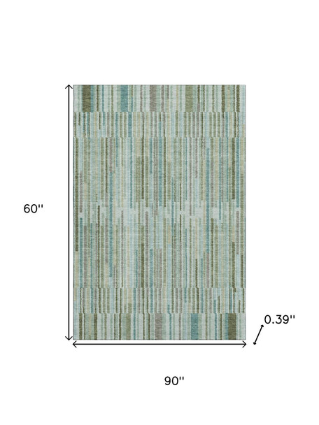 5' X 8' Sage And Teal Striped Washable Area Rug With UV Protection