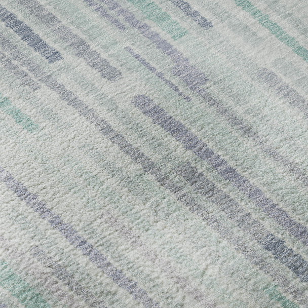 8' Mint Green And Denim Blue Striped Washable Round Rug With UV Protection