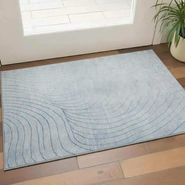 3' X 5' Sky Blue And Silver Abstract Washable Area Rug With UV Protection