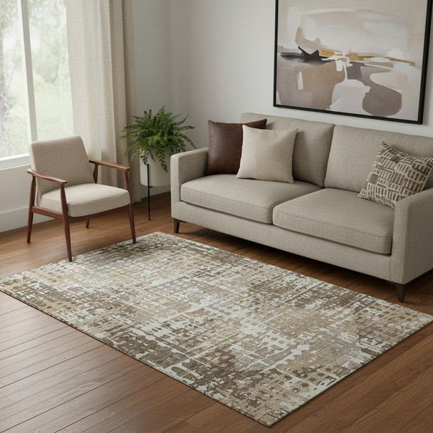 5' X 8' Brown And Beige Geometric Washable Area Rug With UV Protection