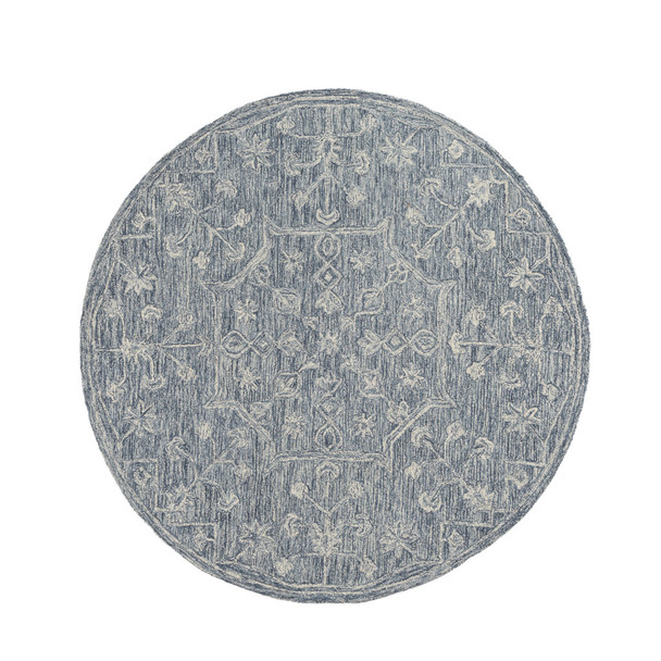 5' Blue And Ivory Wool Floral Hand Tufted Round Rug