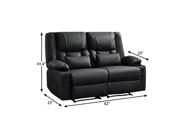 62" Black Faux Leather Manual Reclining Loveseat With Storage and Toss Pillows