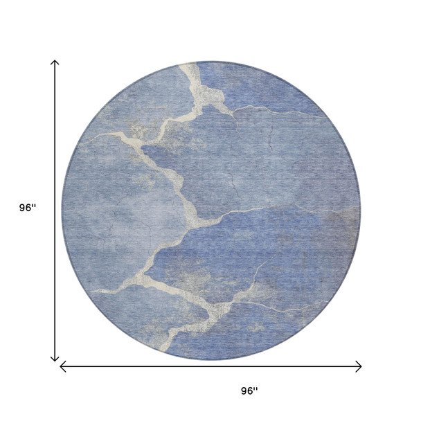 8' Denim Blue And Beige Round Abstract Washable Indoor Outdoor Area Rug