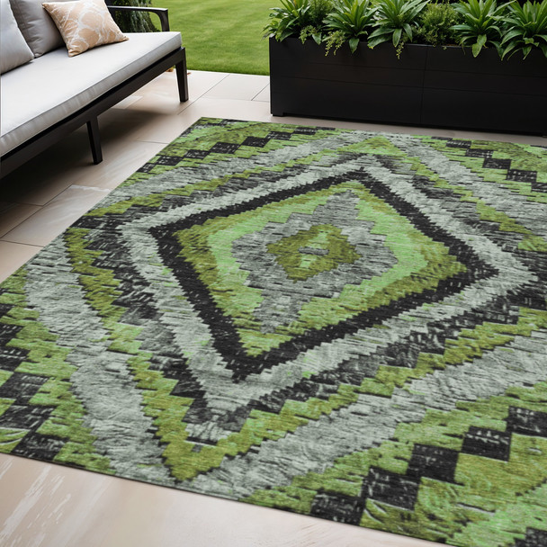 5' X 8' Artichoke Green And Gray Aztec Washable Indoor Outdoor Area Rug