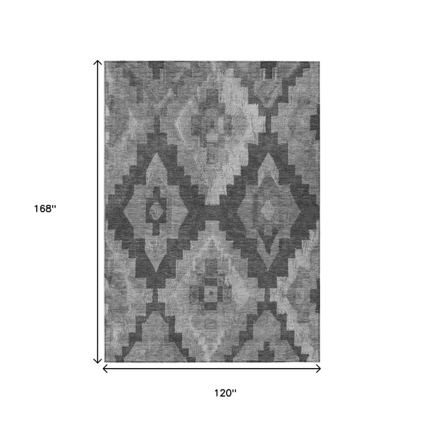 10' X 14' Gray And Charcoal Aztec Washable Indoor Outdoor Area Rug