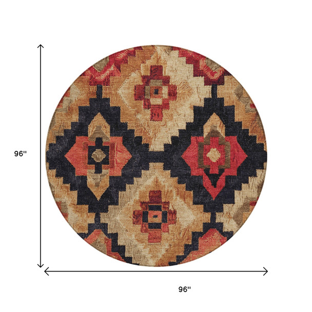 8' Rust And Charcoal Round Aztec Washable Indoor Outdoor Area Rug