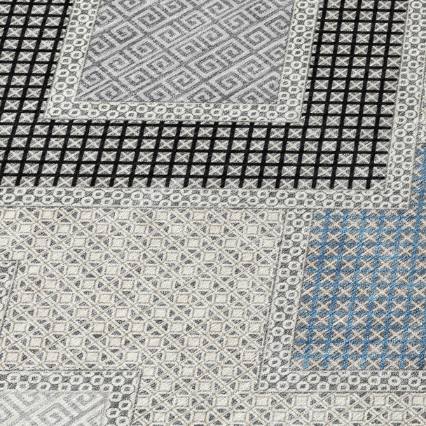 8' Gray Gold And Charcoal Round Geometric Washable Indoor Outdoor Area Rug